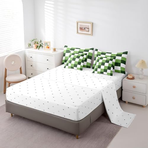 jejeloiu Green White Bedding Set 7Pcs King Size Kids Checkered Grid Comforter Set with Sheets for Boys Girls Classic Plaid Buffalo Check Bed in a Bag Soft Lightweight,Microfiber