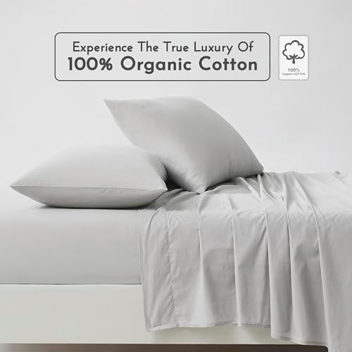Linen Closet 100% Organic Cotton Full Size Sheets Set, 4 Pcs, Light Grey - Percale Bed Sheets & Pillowcases Set - Up To 16" Deep Pocket Fitted Sheet - Cooling, Crisp & Breathable - For Hot Sleepers
