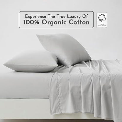 Linen Closet 100% Organic Cotton Full Size Sheets Set, 4 Pcs, Light Grey - Percale Bed Sheets & Pillowcases Set - Up To 16" Deep Pocket Fitted Sheet - Cooling, Crisp & Breathable - For Hot Sleepers