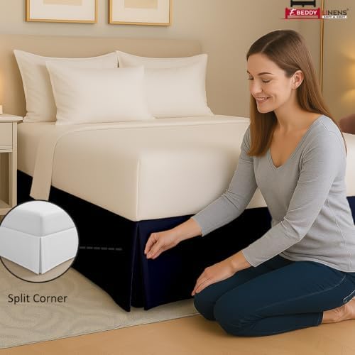 eBeddy Linens Split Corner Bed Skirt Queen 16 Inch Drop – 100% Microfiber, – Platform Style, Navy Blue Solid, 3-Sided Pleated, Tailored Fit, Hidden Storage, Hotel Luxury, Washable