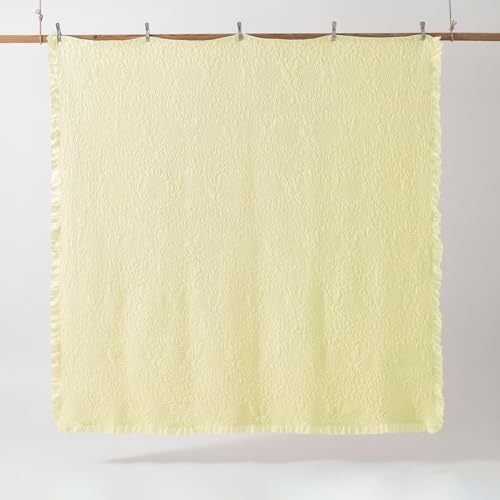 Pastel Yellow Ruffled Quilt King Size, Stone-Washed Microfiber Lightweight Crinkled Farmhouse Rustic Shabby Chic Bedding Set, 3 Pieces Reversible Bedspread Coverlet with Pillow Shams for All Season