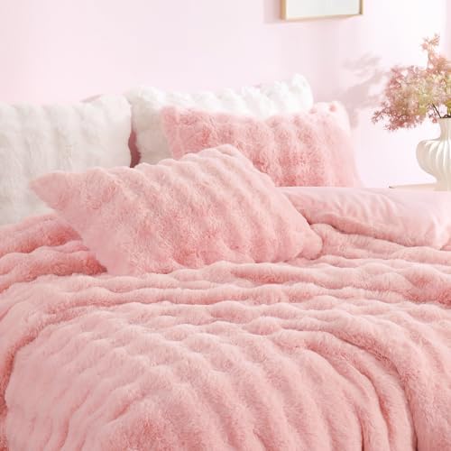 YIKUSH Twin Faux Fur Soft Comforter Set, Fluffy Pink Rabbit Fur Comforter