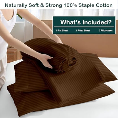 NON Sticky cotton 4 Piece Head Flex King Fitted Sheet Set for Sleep Number Adjustable Bed, 100% Long Staple Cotton Bed Sheets, 34" Top Split, Fits 18" Deep Mattress, 78" X 80", Chocolate Stripe