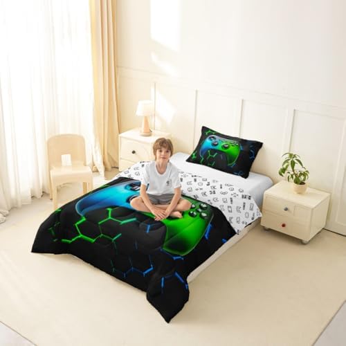Gaming Reversible Comforter Set Honeycomb Hexagon Bedding Set for Kids Adults Video Game Controller Comforter Cool Gamepad Geometric Quilted Duvet Set Bedroom Collection Twin Size 2Pcs,Green and Blue