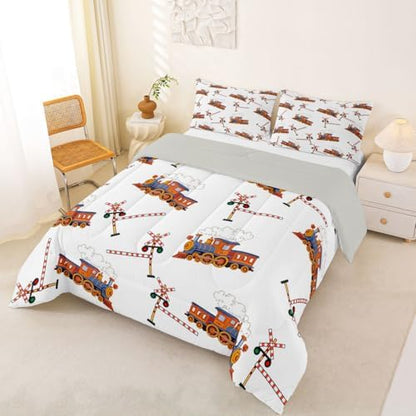 Feelyou Yellow Vintage Train Comforter Set King Size Retro Steam Locomotive Down Bedding Set for Kids Boys Girls Transportation Vehicles Duvet Quilt Bedroom Decor Microfiber 3 Pcs with 2 Pillow Cases