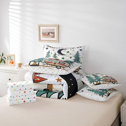 Erosebridal 7 Piece Happy Camping King Bedding Set,RV Bunk Camper Bed Comforter Set with Sheets for Kids Adults,Moon and Stars Decor Travel Trailer Quilt Bed Set with Fitted+Flat Sheet,Pillowcases