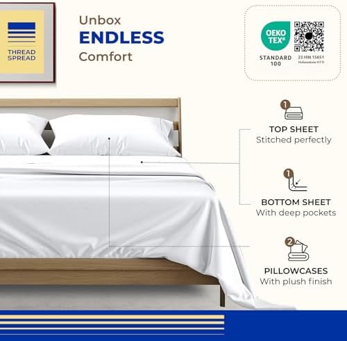 THREAD SPREAD Egyptian Cotton Sheets Queen Size - 1000 Series High Thread Count Cotton Queen Sheet Set (4 PC, White), 16" Snug Fit Deep Pocket, Cooling, Sateen Weave, Ultra-Soft Hotel Luxury Sheets