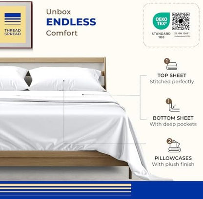 THREAD SPREAD Egyptian Cotton Sheets Queen Size - 1000 Series High Thread Count Cotton Queen Sheet Set (4 PC, White), 16" Snug Fit Deep Pocket, Cooling, Sateen Weave, Ultra-Soft Hotel Luxury Sheets