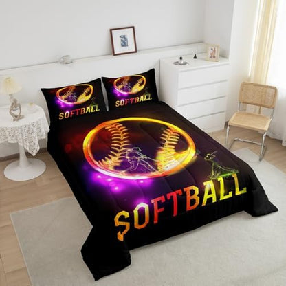 Castle Fairy Softball Comforter Set Yellow Gradient Bedding Set for Kids Girls Women Adults Sports Theme Comforter Softball Player Print Quilted Duvet Set Bedroom Collection Twin Size 2Pcs