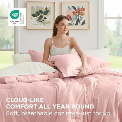 Bedsure Queen Bed in a Bag Light Pink Comforter Set Dual-Tone 7 Pieces