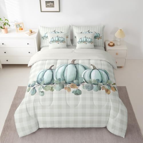 Erosebridal Fall Pumpkins 7 Piece Bedding Set Twin Thanksgiving Day Comforter Set with Sheets Polka Dots Bed in a Bag Autum Leaves Nature Bed Sets Comforter