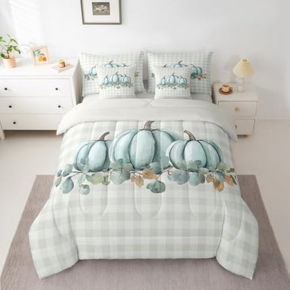 Erosebridal Fall Pumpkins 7 Piece Bedding Set Twin Thanksgiving Day Comforter Set with Sheets Polka Dots Bed in a Bag Autum Leaves Nature Bed Sets Comforter