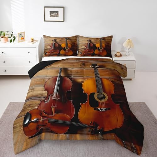 Erosebridal Guitar Bedding Set Full Size Retro Cello Violin Duvet Quilt Sets Jazz Music Comforter Set Rustic Rock Musical Instrument Comforter for Kids Boys Girls Teens Retro Bedroom Decor 3 Pcs