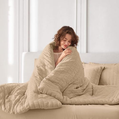 MUXHOMO 7 Pieces California King Comforter Set, Seersucker Bed in a Bag Cal King Size, All Season Luxury Bedding Set with Comforter, Flat Sheet, Fitted Sheet, Pillowcases & Shams, Khaki