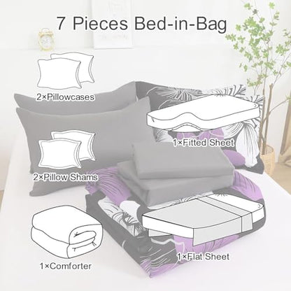 Luxudecor Floral Comforter Set Full Size, 7 Pieces Bed in a Bag Purple Floral Comforter and Sheet Set, Soft Microfiber Complete Bedding Sets for All Seasons