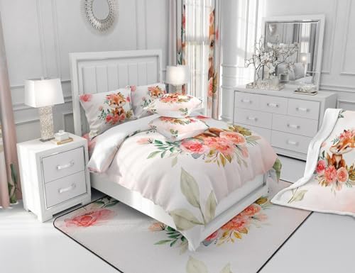 Manfei Cute Fox Comforter Set Full Size, Watercolor Pink Flower Quilt Set with 2 Pillowcases, Floral Animal Theme Bedding Set 3pcs for Kids Boys Girls Room Decor Lightweight Duvet Insert
