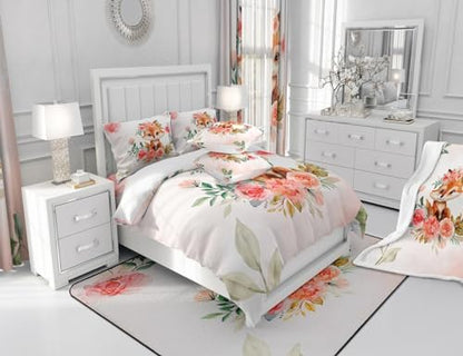 Manfei Cute Fox Comforter Set Full Size, Watercolor Pink Flower Quilt Set with 2 Pillowcases, Floral Animal Theme Bedding Set 3pcs for Kids Boys Girls Room Decor Lightweight Duvet Insert