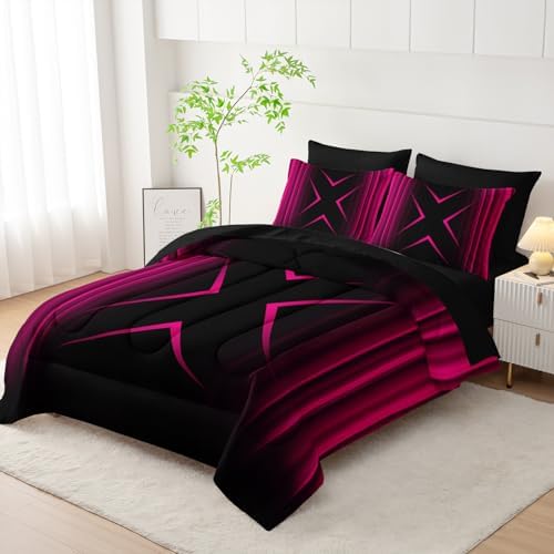 Nttopship Pink Black Geometric Comforter Set King Size 7Pieces,3D Abstract Mordern Printed Bedding Set for Adults,Geometric Mordern Decor All Seasons with Pillowcases,Flat, Fitted Sheet