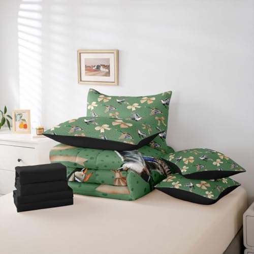 Erosebridal Mallard 7 Piece Bedding Set Queen Bowknot Comforter Set with Sheets Spot Hunting Stripe Cute Ribbon Bow Bed in a Bag Wild Duck Wildlife Pattern for Kids Boys Girls