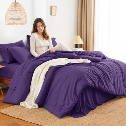 HIMEET King Comforter Set, 7-Piece Point-Quilted Bed in a Bag, Purple