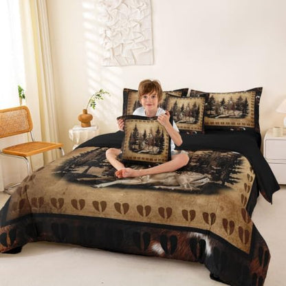 Erosebridal Farmhouse Deer Bed in A Bag 7 Pcs Country Forest Animal Comforter Set for Women Men Hunting Wildlife Deer Paw Bedding Sets King Rustic Woodland Cabin Sheet Set with Comforter