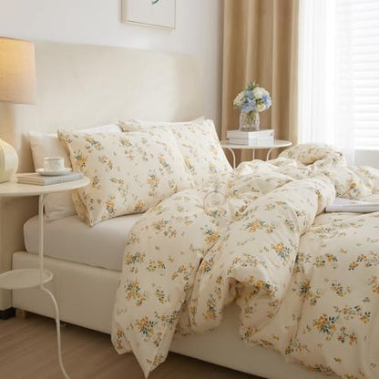 Vintage Yellow Flower Comforter Set Queen Fluffy Soft Floral Bedding Comforter Boho Flower Leaves Botanical Comforter Cottagecore Bedding Set Aesthetic Floral Comforter Set Queen Size for All Season