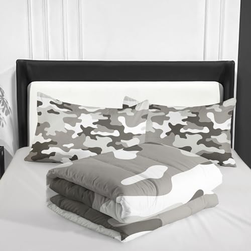 Nttopship Camo Comforter Set for Girls Men，King Size Grey Camouflage Bedding Sets for Kids Boys,Ultra Soft Lightweight Bedding Sets，Kids Room Decor with 1 Comforter with 2 Pillow Case