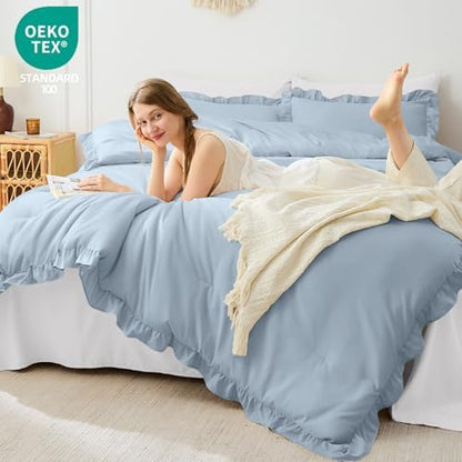 FUANNA Queen Comforter Set, 3 PCS Bedding Sets, Ruffle Bed Set Grayish Blue