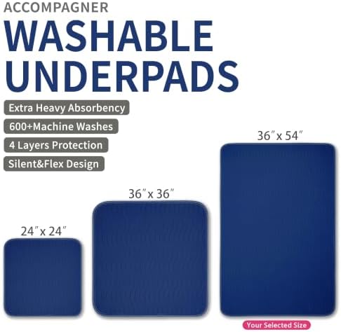Accompagner Incontinence Bed Pads Washable Waterproof, Ultra-Absorbent Reusable Underpads for Diaper Changing, Nursing, Bedridden, Adults, Seniors, Kids and Dogs (Navy, 36"x54"(Pack of 2))