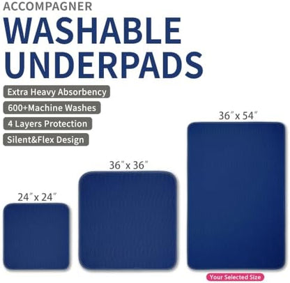 Accompagner Incontinence Bed Pads Washable Waterproof, Ultra-Absorbent Reusable Underpads for Diaper Changing, Nursing, Bedridden, Adults, Seniors, Kids and Dogs (Navy, 36"x54"(Pack of 2))