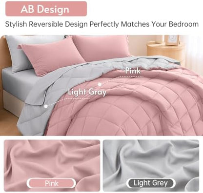 MUXHOMO 7 Pieces Queen Comforter Set, Reversible Bed in a Bag Queen Size, All Season Bedding Set with Comforter, Flat Sheet, Fitted Sheet, Pillowcases & Shams, Pink & Light Grey