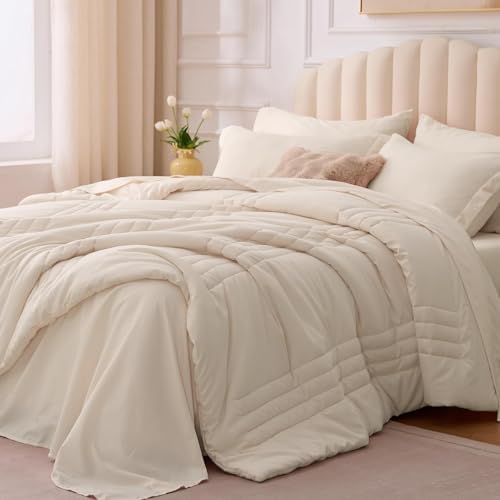 Queen Comforter Set with Sheets Beige, 7-Piece Bed in a Bag Queen