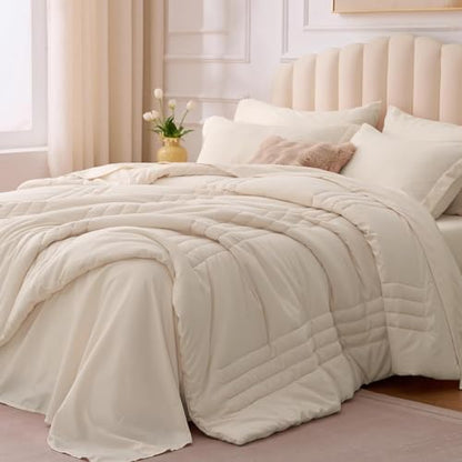 Full Size Comforter Sets Beige, 7 Pieces Bed in a Bag Bedding Set