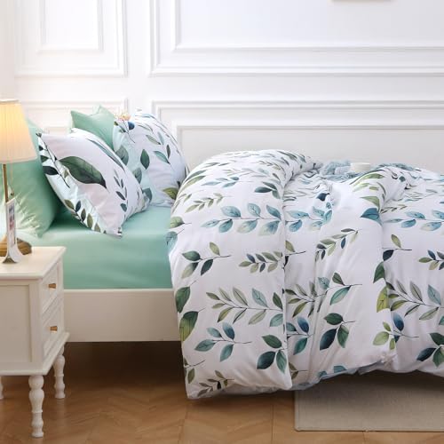 MUXHOMO Grey Green Foliage Bed in a Bag King 7 Pieces, King Comforter Set Reversible Botanical Flowers Design, Ultra Soft & Breathable Bedding Sets with Comforter, Sheets, Pillowcases & Shams