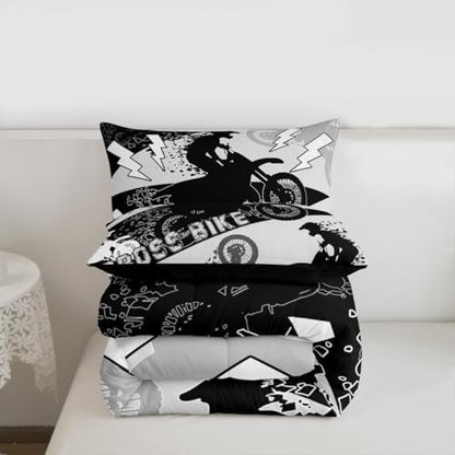 Erosebridal Boys Dirt Bike Queen Size Comforter Set Dirtbike Bedding Set Motocross Room Decor for Boys Kids Men Adult,Rider Motorcycle Bed Set Cool Extreme Sports Comforter Sets 3Pcs,White Black