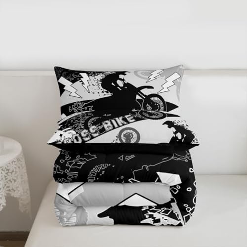 Erosebridal Boys Dirt Bike Full Size Comforter Set Dirtbike Bedding Set Motocross Bedroom Decor for Boys Kids Men Adult,Rider Motorcycle Bed Set Cool Extreme Sports Bedding Sets 3Pcs,White Black