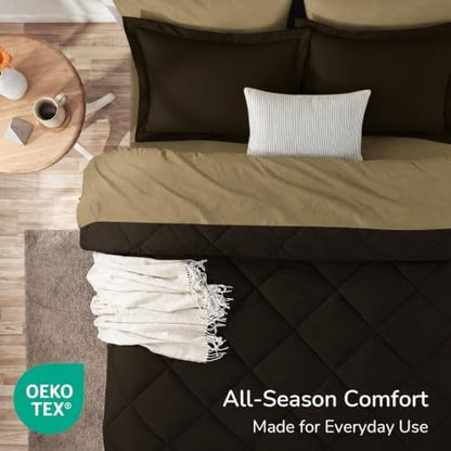 downluxe Full Comforter Set Soft Reversible 7 Pieces, Brown/Tan
