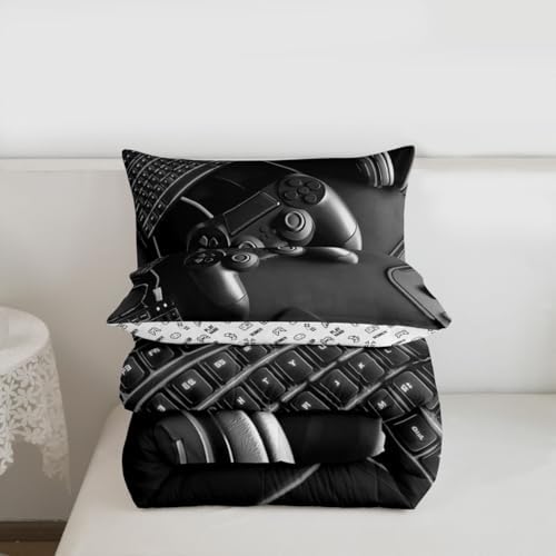 Feelyou Gamer Comforter Set Queen Size Gaming Bedding Set for Kids Boys Girls Game Room Decor Duvet Quilt Gamepad Bedroom Decor Black Microfiber 3 Pcs with 2 Pillow Cases