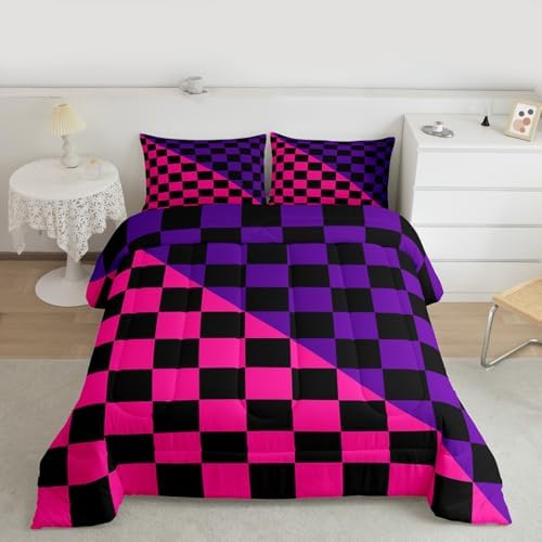 Feelyou Checkered Retro Kids Comforter Set Twin Size Modern Geometric Cute Bedding Set Rose Pink Purple Duvet Quilt for Kids Boys Girls Bedroom Vintage Simple Groovy Aesthetic Decor