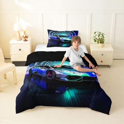 Feelyou Boys Sports Car Bedding Set Soft for Boys Girls, Speed Sports Comforter Set Toddler Size Blue Racing Car Duvet Quilt Microfiber Extreme Sports Bedroom Decor 2 Pcs with 1 Pillow Cases
