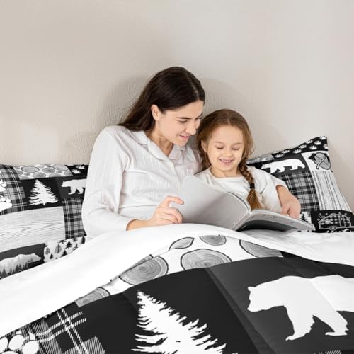Bear Plaids Comforter Set Queen Size,Pine Trees Animals Hunting Bedding Set for Kids Boys Girls Adults Room Decor,Adventure Rustic Farmhouse Down Comforter,Black Retro Duvet Insert,2 Pillowcases