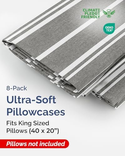 King Pillow Cases Set of 8 - Ultra Soft Pillowcase Covers - Grey Stripes