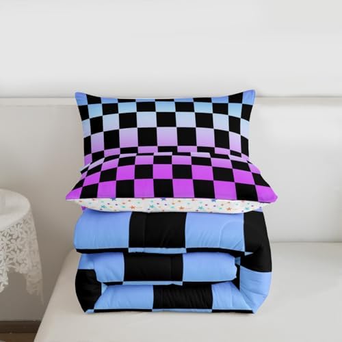 Feelyou Multicolored Checkered Retro Bedding Set for Boys Girls Geometric Vintage Comforter Set Queen Size Gradient Purple Duvet Quilt Modern Groovy Aesthetic Bedroom Decor 3 Pcs with 2 Pillow Cases