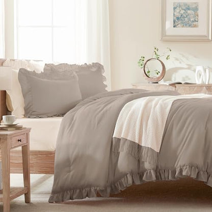 Andency Light Brown King Size Comforter Set, 3 Pcs Solid Farmhouse Bedding