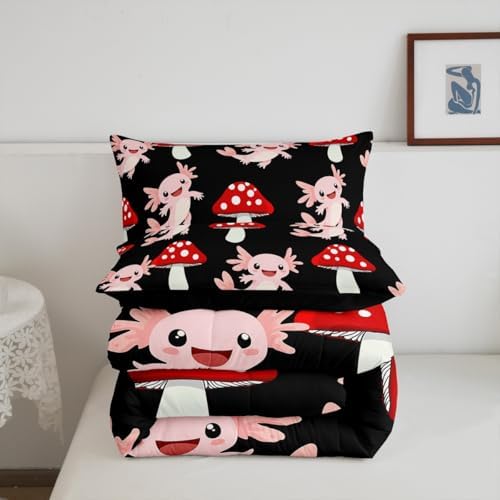 Erosebridal Cute Mushroom Down Comforter Queen Kawaii Coastal Axolotl Bedding Set for Kids Girls Women Pink Axolotl Red Mushrooms Comforter Set Fish Botanical Plant Bedding Quilted 3 Pcs