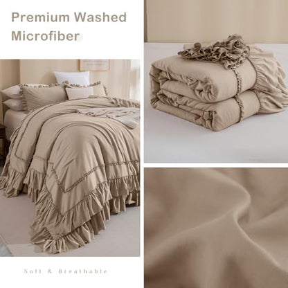 Masaca Oversized King Comforter 120x120,3 Pieces Farmhouse Ruffle Bedding Comforter,Light Taupe Shabby Boho Chic Oversized Comforter King Size,Lightweight Soft Microfiber Cal King Bedding Set
