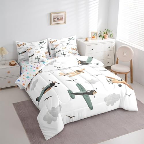 Erosebridal Cartoon Aircraft Comforter Set with Sheets Queen, Airplane Propeller Plane 7 Pcs Bedding Set for Boys Kids Child Adults Teens Bedroom, Flying Birds Animals Bed in A Bag, Cloud Bed Sets