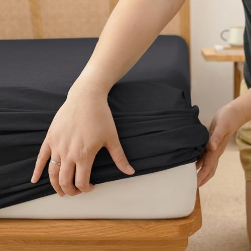 BESTOUCH Cal King Washed Cotton Linen Feel Sheet Set 4 Pcs Deep Black