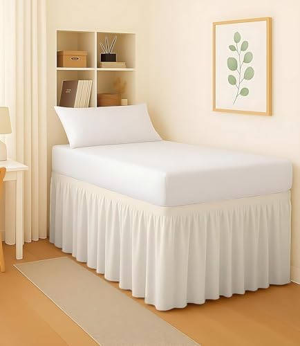Dorm Bed Skirt Twin XL 42 Inch Drop, Easy to Install Extra Long Wrap Around Elastic Dust Ruffle, Bedskirt Solid Silky Fabric Machine Washable, Ruffled College Dorm Room Ivory