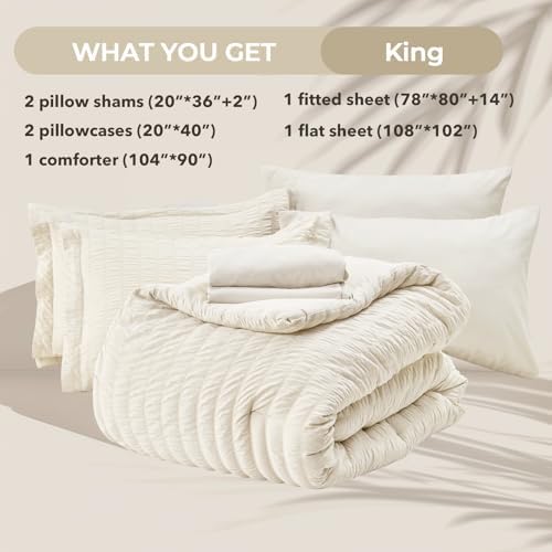 HYMOKEGE Ivory King Size Comforter Set Seersucker 7 Pieces, All Season Luxury Bed in a Bag for Bedroom, Bedding Set with Comforters, Sheets, Pillowcases & Shams